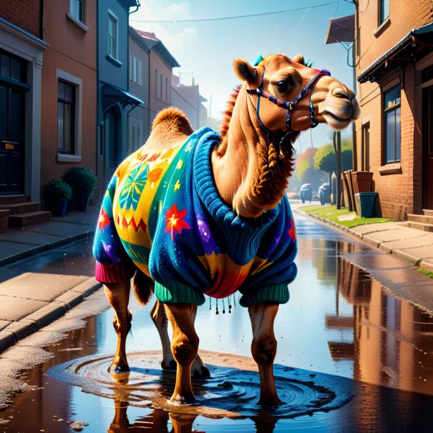 Illustration of a camel in a sweater in the puddle