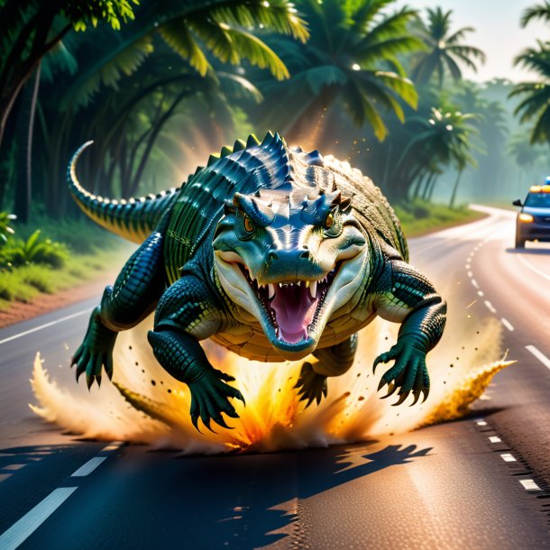 Photo of a jumping of a crocodile on the road