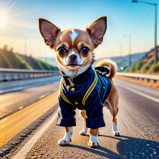 Imagem de um chihuahua em uma calça na estrada