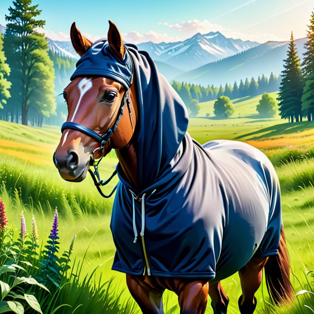 Illustration of a horse in a hoodie in the meadow