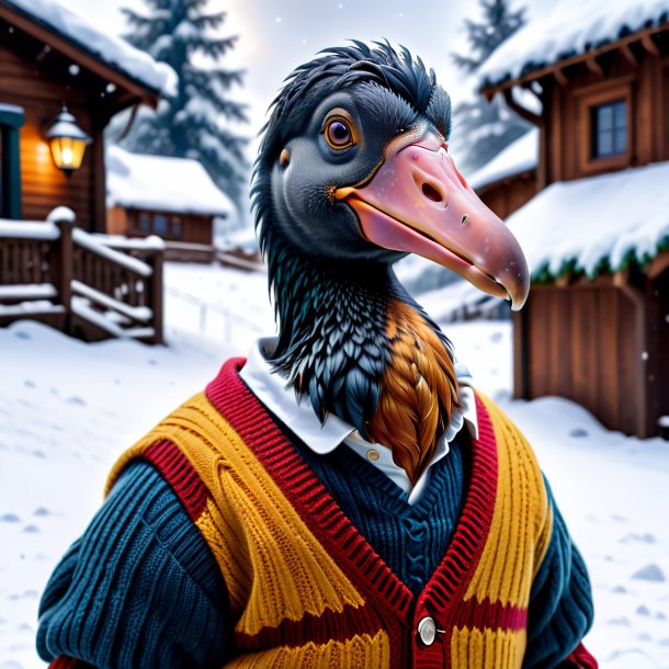 Pic of a dodo in a sweater in the snow