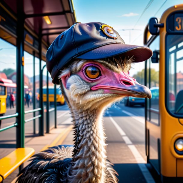 Imagem de um avestruz em um boné no ponto de ônibus