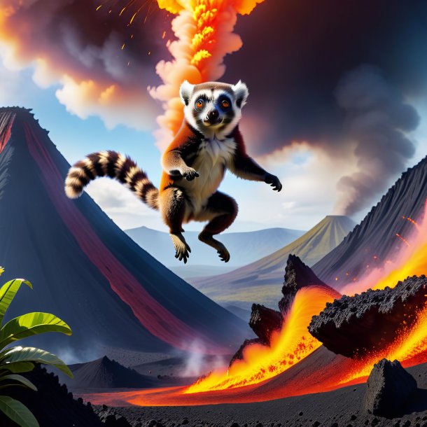 Photo of a jumping of a lemur in the volcano