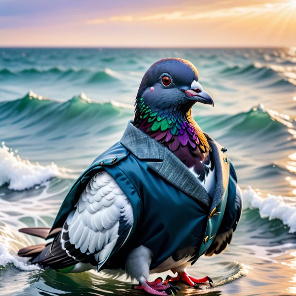 Photo of a pigeon in a jacket in the sea