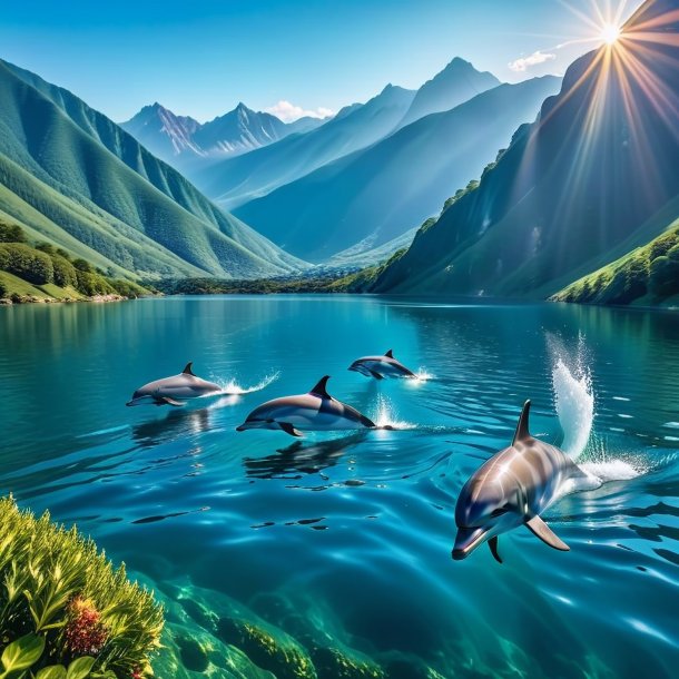 Photo of a swimming of a dolphin in the mountains