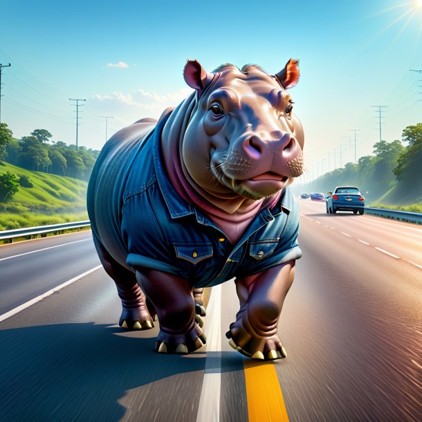 Illustration of a hippopotamus in a jeans on the highway