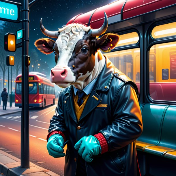 Ilustração de uma vaca em uma luvas no ponto de ônibus