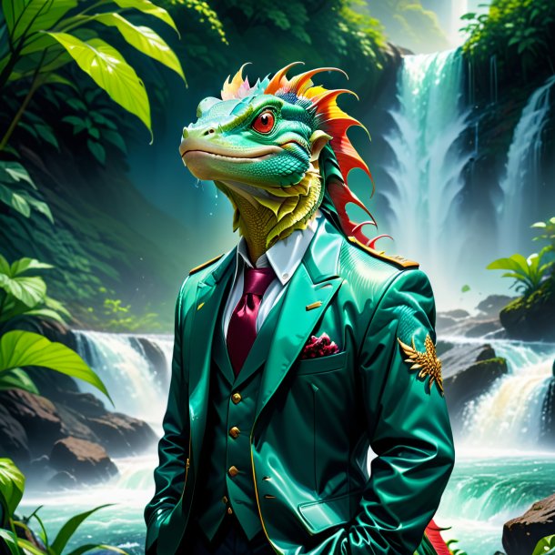 Illustration of a basilisk in a jacket in the waterfall