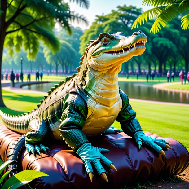 Photo of a crocodile in a gloves in the park