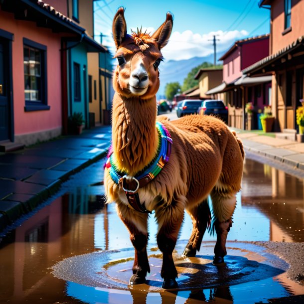 Pic of a llama in a belt in the puddle