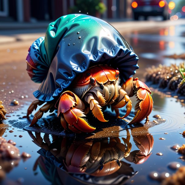 Illustration of a hermit crab in a gloves in the puddle