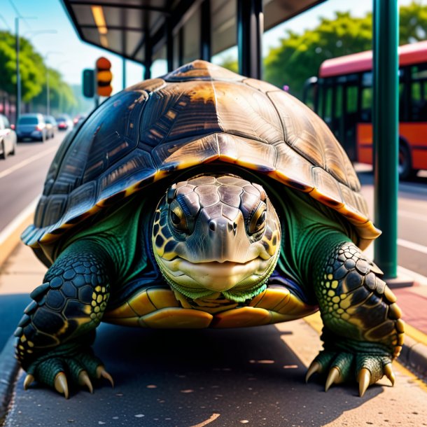 Picture of a turtle in a belt on the bus stop