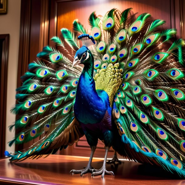 Picture of a peacock in a belt in the house