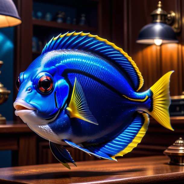 Picture of a blue tang in a cap in the house