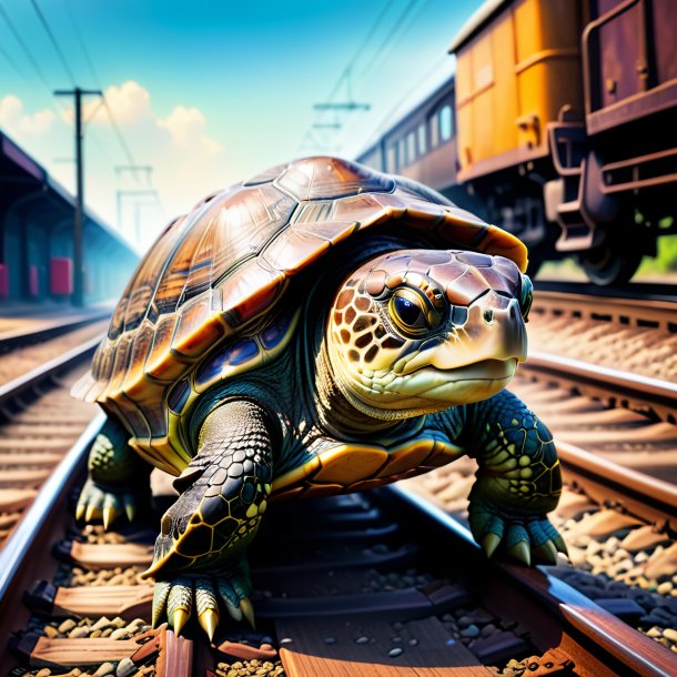 Image of a turtle in a shoes on the railway tracks