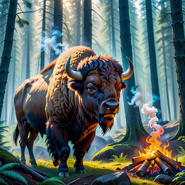 Picture of a smoking of a bison in the forest