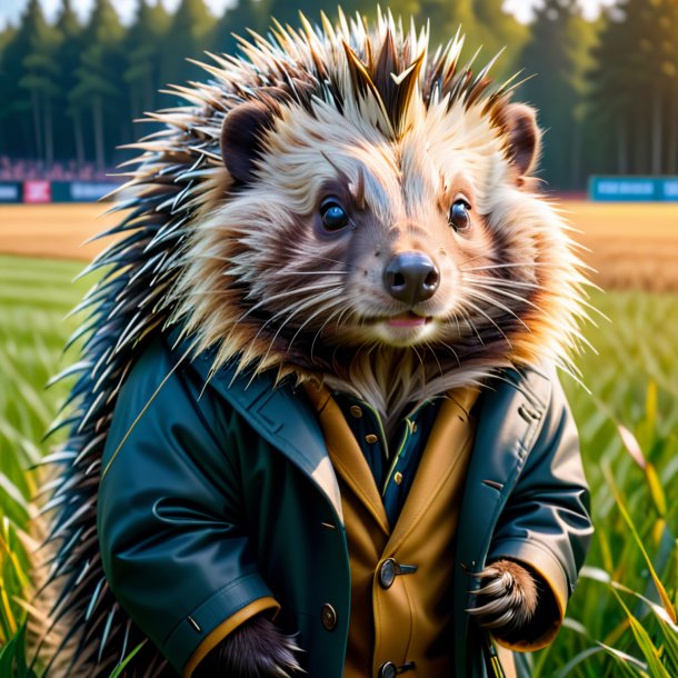 Picture of a porcupine in a coat on the field