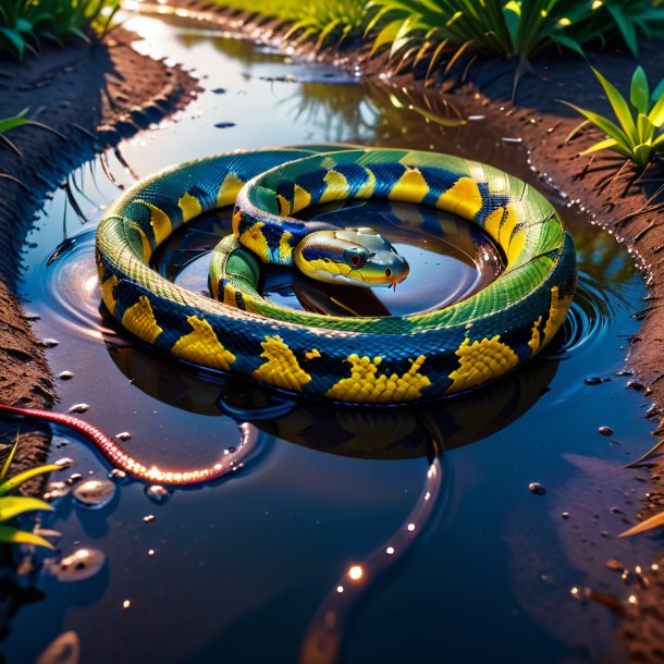 Photo of a snake in a belt in the puddle