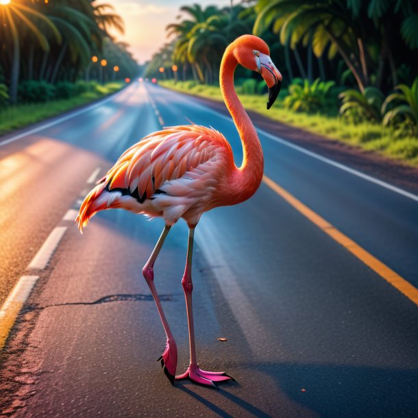 Photo of a smiling of a flamingo on the road