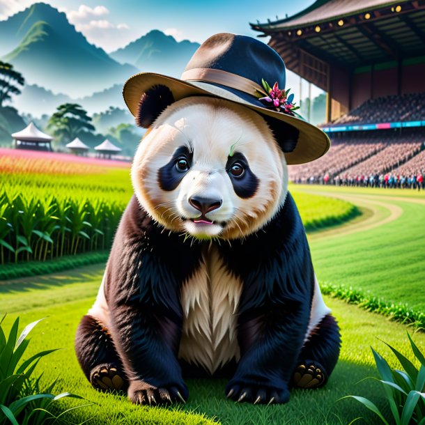 Pic of a giant panda in a hat on the field