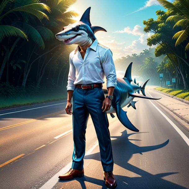 Drawing of a hammerhead shark in a trousers on the road