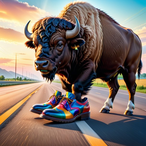 Photo of a buffalo in a shoes on the highway