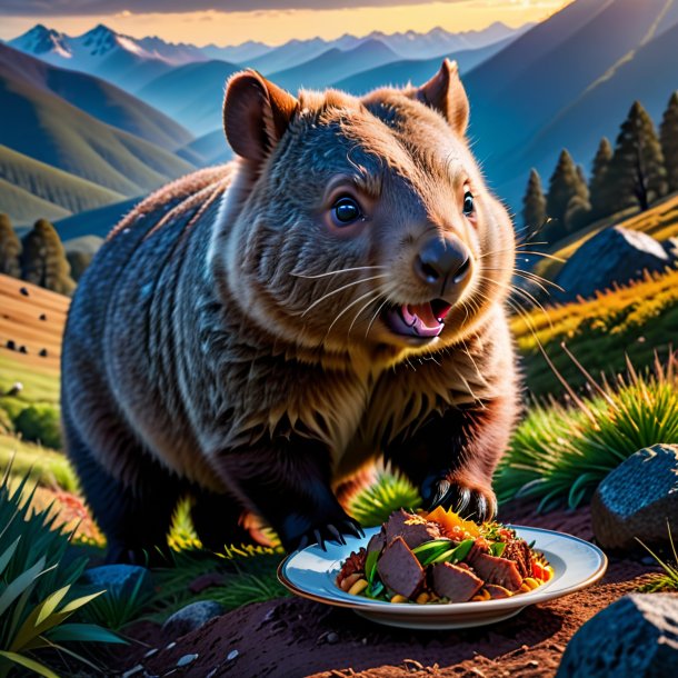 Foto de una comida de un wombat en las montañas