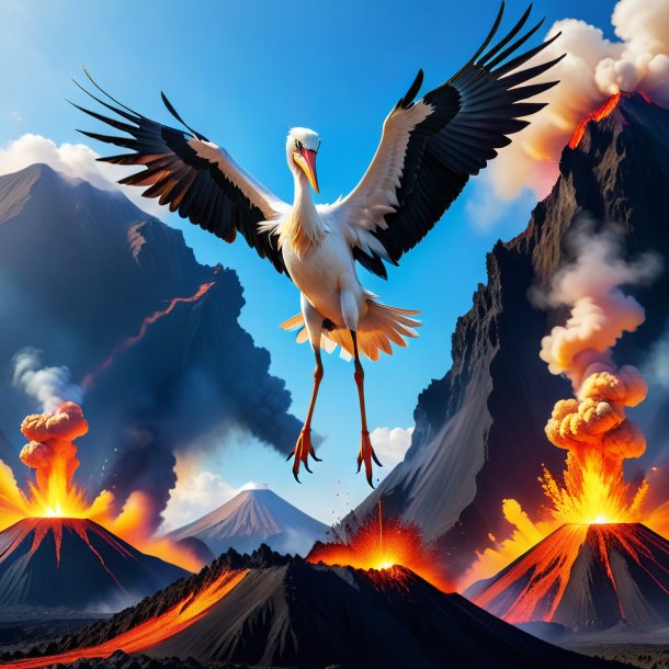 Photo of a jumping of a stork in the volcano