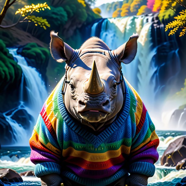 Image of a rhinoceros in a sweater in the waterfall