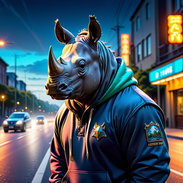 Pic of a rhinoceros in a hoodie on the road