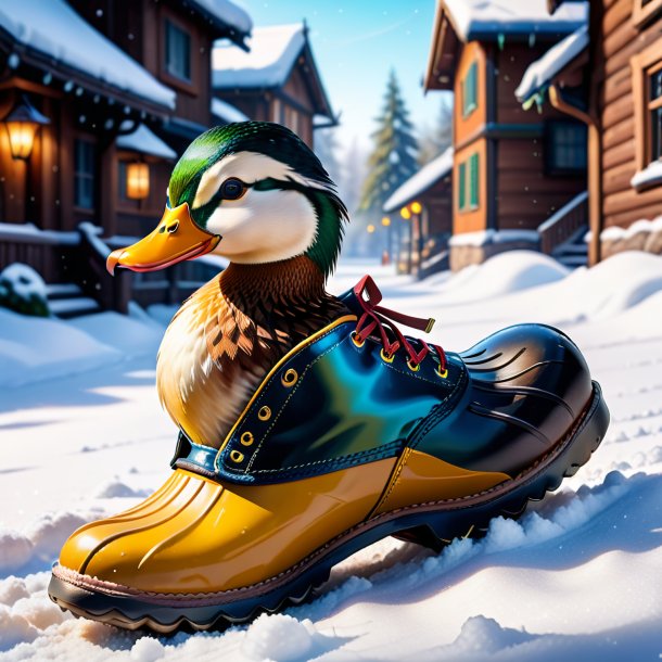 Imagen de un pato en los zapatos en la nieve