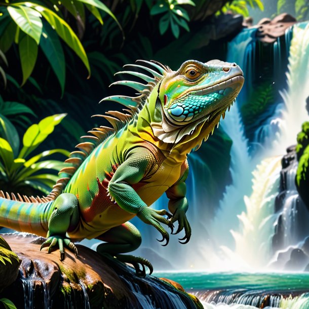 Imagem de um salto de uma iguana na cachoeira