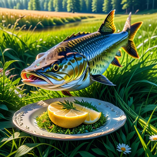 Foto de una comida de un lucio en el prado