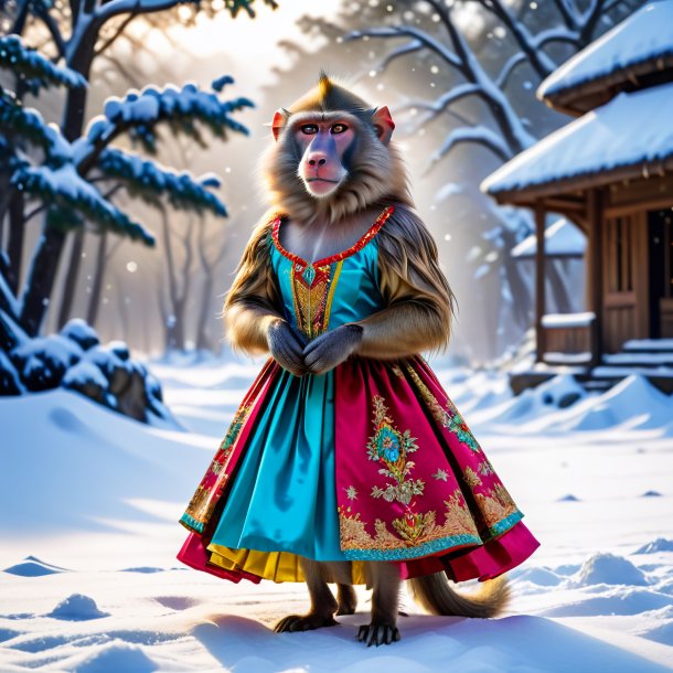 Foto de un babuino en un vestido en la nieve