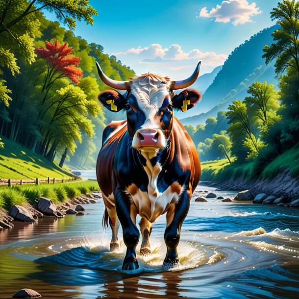 Illustration of a cow in a belt in the river