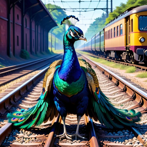 Illustration of a peacock in a vest on the railway tracks