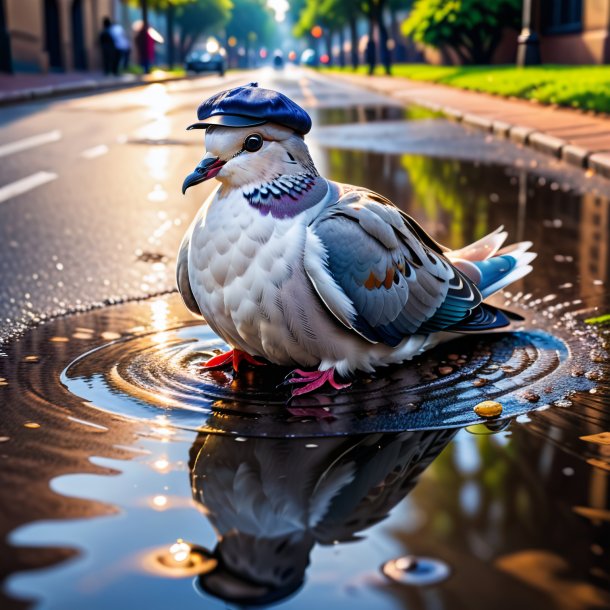 Picture of a dove in a cap in the puddle