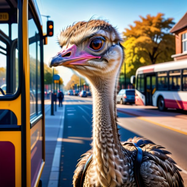 Image of a ostrich in a belt on the bus stop