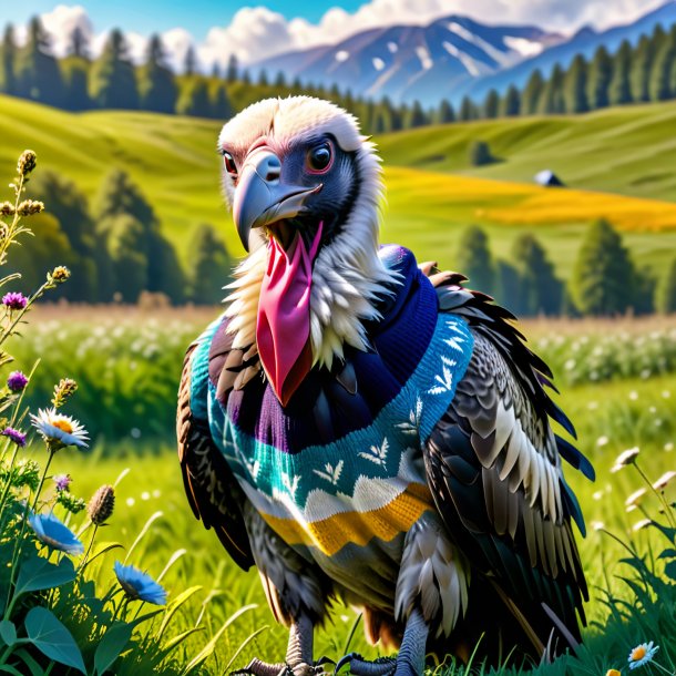 Image of a vulture in a sweater in the meadow