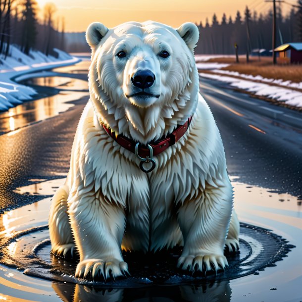 Imagen de un oso polar en un cinturón en el charco