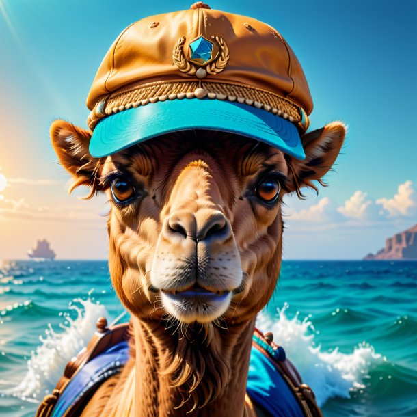 Photo of a camel in a cap in the sea