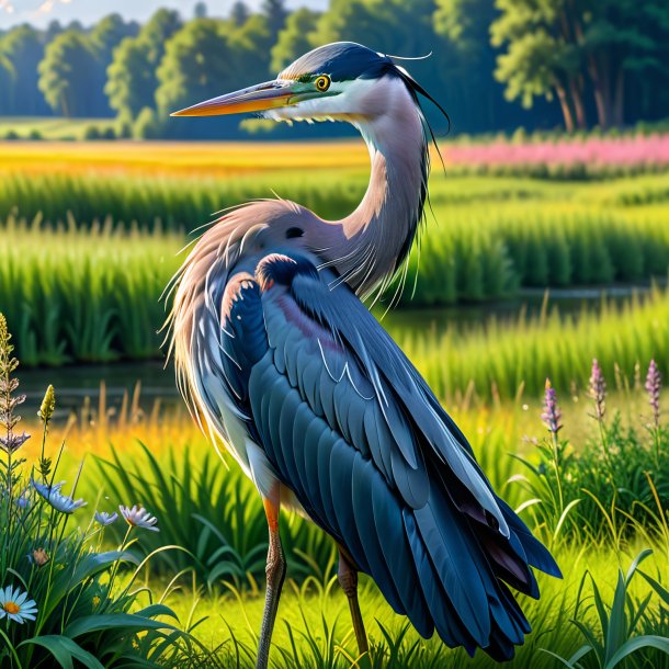 Photo d'un héron dans une jupe dans la prairie