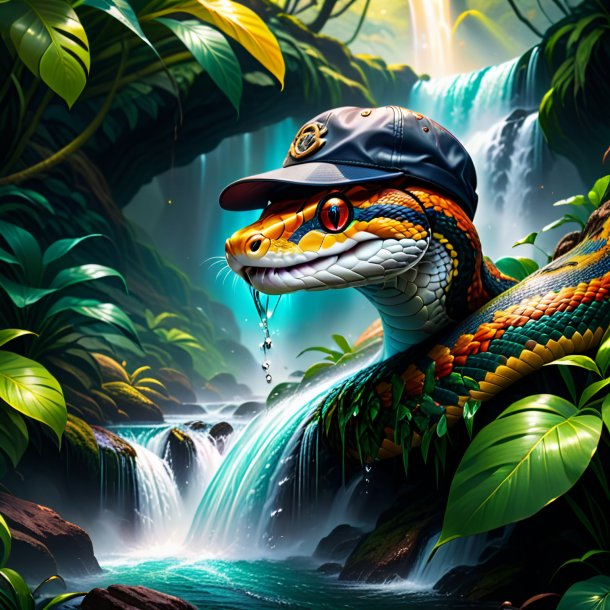 Illustration of a snake in a cap in the waterfall