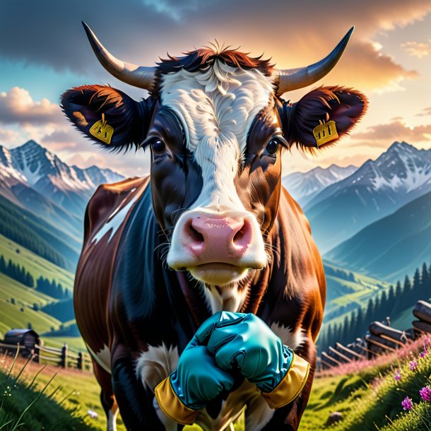 Photo of a cow in a gloves in the mountains