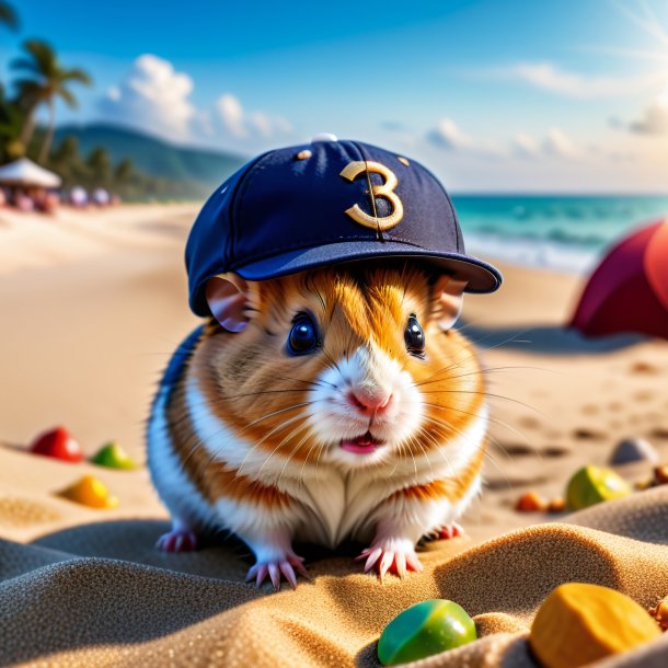 Photo of a hamster in a cap on the beach