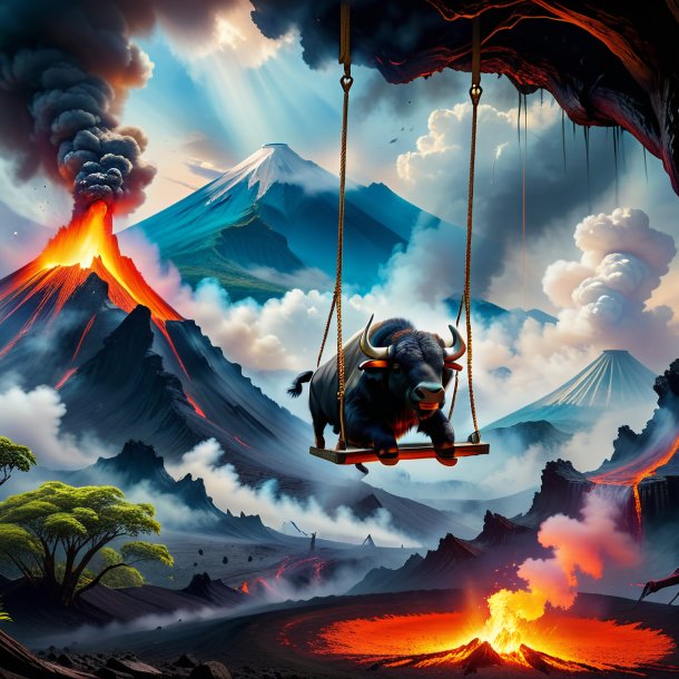 Image of a swinging on a swing of a buffalo in the volcano