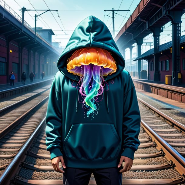 Drawing of a jellyfish in a hoodie on the railway tracks