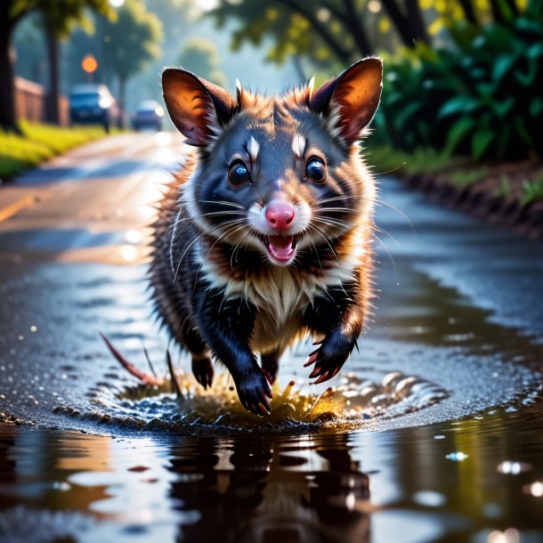 Photo of a jumping of a possum in the puddle