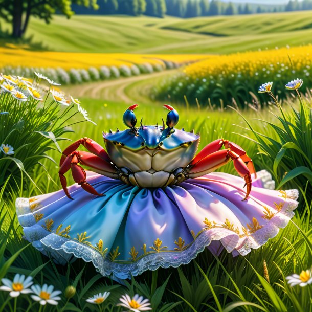 Image of a crab in a dress in the meadow