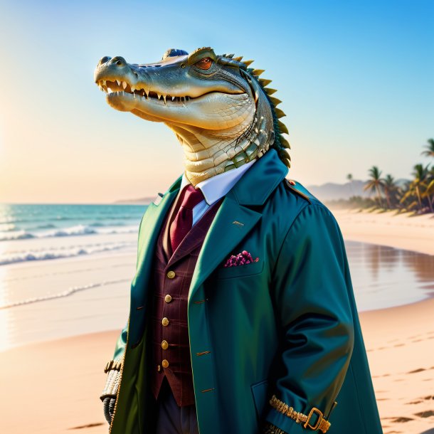 Image of a crocodile in a coat on the beach